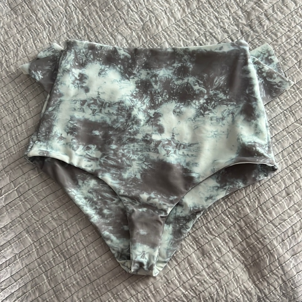 Tori praver swim bikini bottom blue teal tie-dye flounce high waist bottom